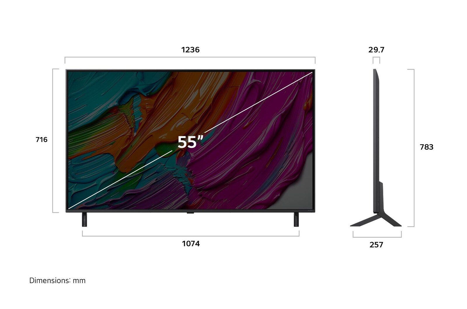 Frontansicht und Seitenansicht des LG QNED AI 4K Smart TV mit den Abmessungen Länge, Breite, Höhe und Tiefe.