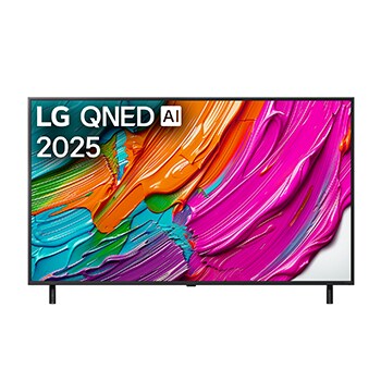 Frontansicht des LG QNED TV, LG QNED Al Logo in der oberen Ecke. LG QNED TV zeigt bunte Paintike-Texturen, die zusammenkommen.