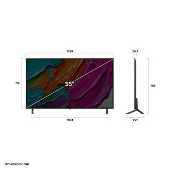 Frontansicht und Seitenansicht des LG QNED AI 4K Smart TV mit den Abmessungen Länge, Breite, Höhe und Tiefe.