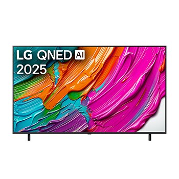 Frontansicht des LG QNED TV, LG QNED Al Logo in der oberen Ecke. LG QNED TV zeigt bunte Paintike-Texturen, die zusammenkommen.