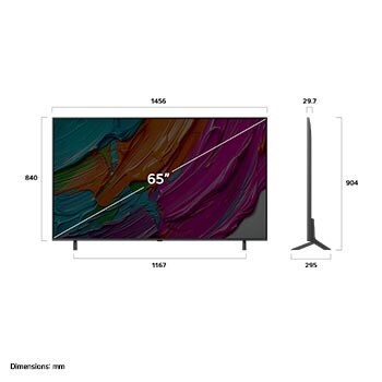Frontansicht und Seitenansicht des LG QNED AI 4K Smart TV mit den Abmessungen Länge, Breite, Höhe und Tiefe.