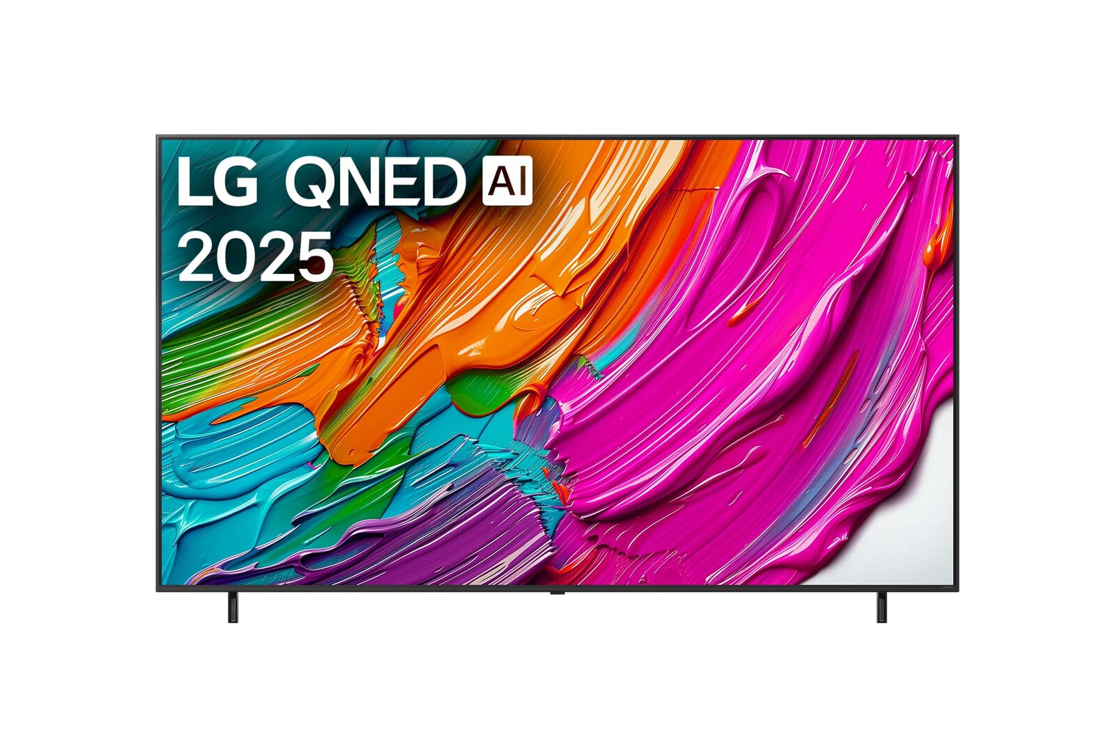 Frontansicht des LG QNED TV, LG QNED Al Logo in der oberen Ecke. LG QNED TV zeigt bunte Paintike-Texturen, die zusammenkommen.