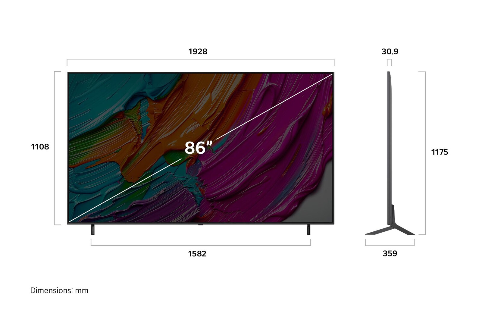 Frontansicht und Seitenansicht des LG QNED AI 4K Smart TV mit den Abmessungen Länge, Breite, Höhe und Tiefe.