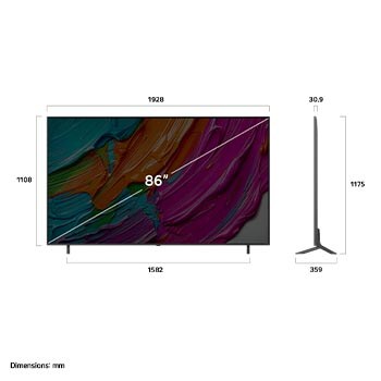 Frontansicht und Seitenansicht des LG QNED AI 4K Smart TV mit den Abmessungen Länge, Breite, Höhe und Tiefe.
