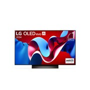 Vorderansicht mit LG OLED evo TV C4, Emblem „Bester OLED seit 11 Jahren“ und Logo „webOS Re:New-Programm“ auf dem Bildschirm