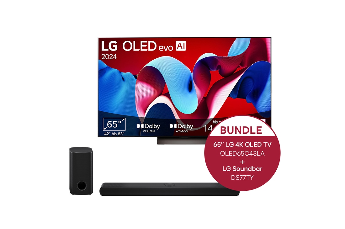 LG 65 Zoll LG OLED evo C4 4K Smart TV + 3.1.3 Kanal LG TV Soundbar DS77TY mit Dolby Atmos , OLED65C43LA.DS77TY