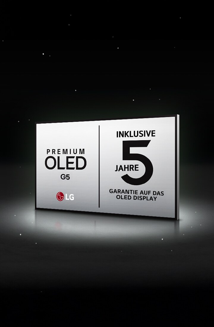 Das Logo von LG OLED Care+ und der 5-Jahre-Panel-Garantie erscheint vor schwarzem Hintergrund.