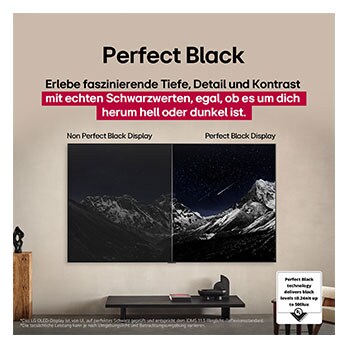 LG OLED TV showing a visual comparison between a display with Perfect Color and Perfect Black and one without. UL and eyesafe certifications are visible with text prompting to check the marks.