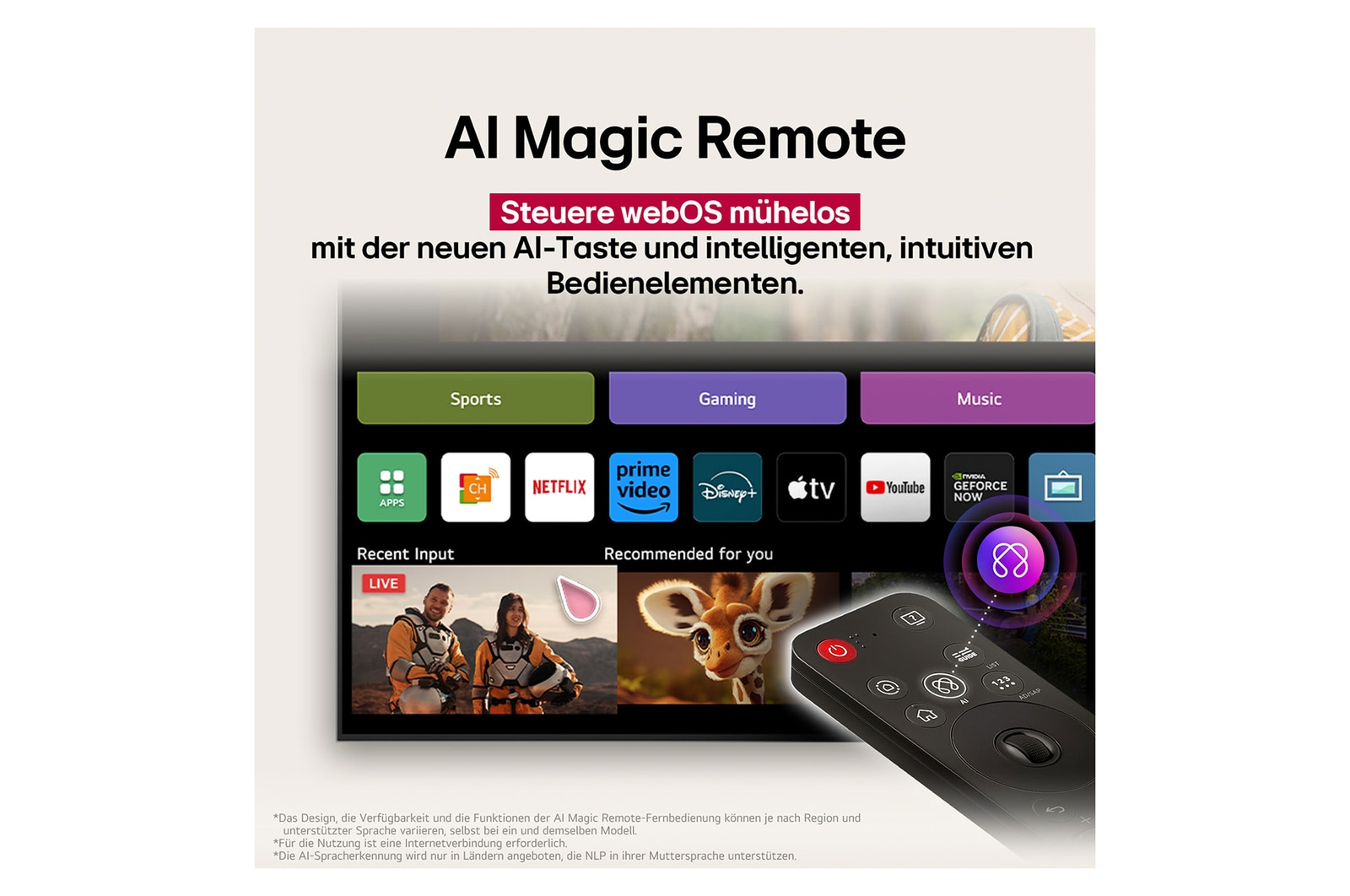 Auf dem Bildschirm eines LG OLED-Fernsehers befindet sich die webOS 25-Startseite, die mit Apps und Unterhaltungsinhalten gefüllt ist. Neben dem Fernseher befindet sich die LG AI Magic Remote-Fernbedienung. Der AI Button ist hervorgehoben, als ob sie durch die Stimme des Benutzers aktiviert wurde. Daneben befindet sich eine Sprechblase, die auf "Mein Profil" umschaltet. Der kurze Text erklärt, wie Nutzer nun ihre Stimme mit ihrem persönlichen Profil synchronisieren können, um eine einfachere Navigation und personalisierte Empfehlungen zu erhalten.