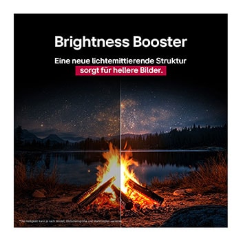 Ein Wohnzimmer mit einem an der Wand montierten LG OLED-Fernseher. Auf dem Fernseher ist eine Bergkette vor einem dunklen Abendhimmel voller Sterne zu sehen. Diese Szene ist in zwei Hälften geteilt. Die eine Seite zeigt eine trübe, graue Version der Landschaft mit der Bezeichnung Non Perfect Black Display. Auf der anderen Seite ist ein angenehmeres Bild mit einem größeren Dynamikbereich von Schwarz und Weiß zu sehen. Dies ist mit Perfect Black Display gekennzeichnet. Auch die Logo-Zertifizierung ist sichtbar: Perfect Black Technology liefert Schwarzwerte von 0,24 nit oder weniger bis zu 500 Lux.