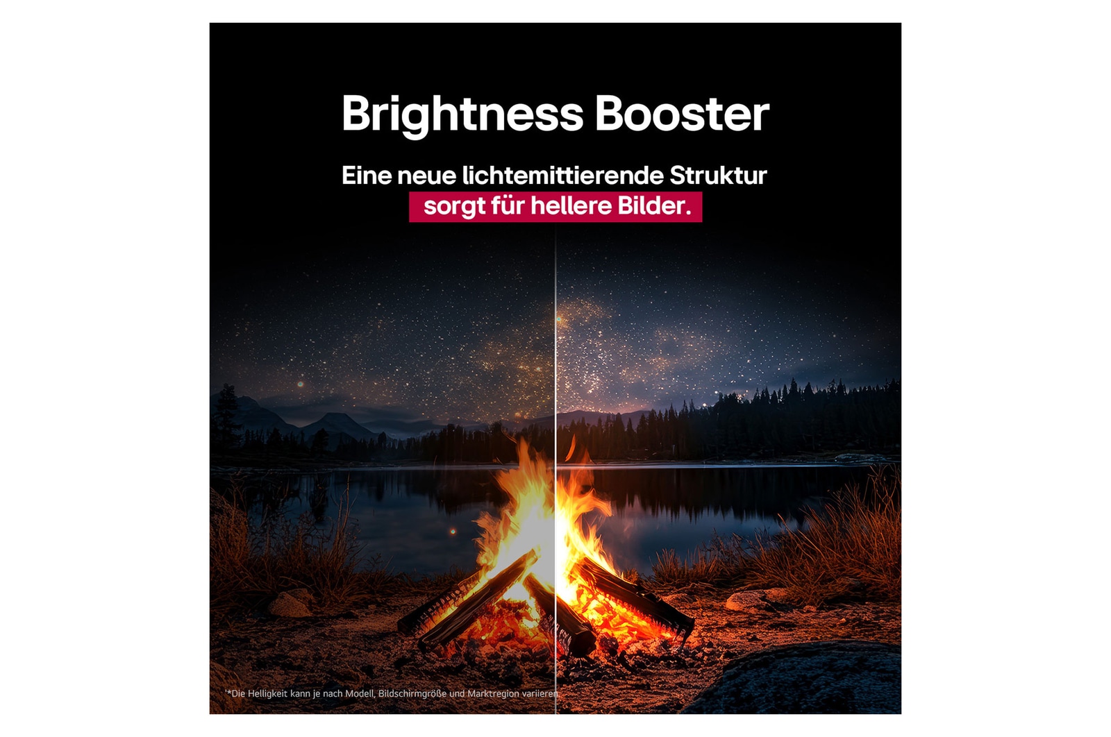 Ein Wohnzimmer mit einem an der Wand montierten LG OLED-Fernseher. Auf dem Fernseher ist eine Bergkette vor einem dunklen Abendhimmel voller Sterne zu sehen. Diese Szene ist in zwei Hälften geteilt. Die eine Seite zeigt eine trübe, graue Version der Landschaft mit der Bezeichnung Non Perfect Black Display. Auf der anderen Seite ist ein angenehmeres Bild mit einem größeren Dynamikbereich von Schwarz und Weiß zu sehen. Dies ist mit Perfect Black Display gekennzeichnet. Auch die Logo-Zertifizierung ist sichtbar: Perfect Black Technology liefert Schwarzwerte von 0,24 nit oder weniger bis zu 500 Lux.