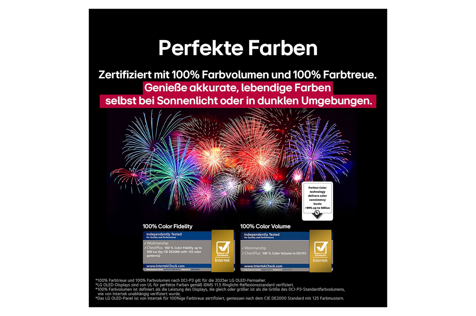 Ein Wohnzimmer mit einem an der Wand montierten LG OLED-Fernseher. Auf dem Fernseher ist eine Bergkette vor einem dunklen Abendhimmel voller Sterne zu sehen. Diese Szene ist in zwei Hälften geteilt. Die eine Seite zeigt eine trübe, graue Version der Landschaft mit der Bezeichnung Non Perfect Black Display. Auf der anderen Seite ist ein angenehmeres Bild mit einem größeren Dynamikbereich von Schwarz und Weiß zu sehen. Dies ist mit Perfect Black Display gekennzeichnet. Auch die Logo-Zertifizierung ist sichtbar: Perfect Black Technology liefert Schwarzwerte von 0,24 nit oder weniger bis zu 500 Lux. 