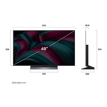 Frontansicht und Seitenansicht des LG OLED evo AI C5 4K Smart TV mit den Abmessungen der Länge, Breite, Höhe und Tiefe.