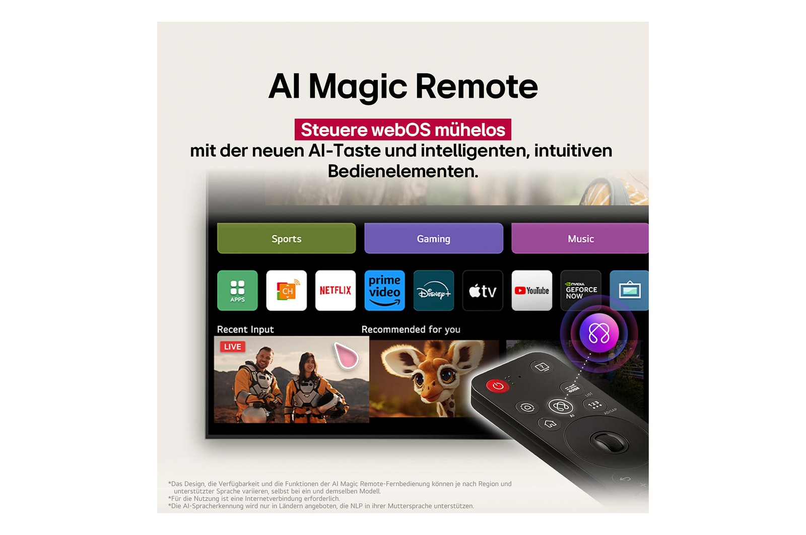 Auf dem Bildschirm eines LG OLED-Fernsehers befindet sich die webOS 25-Startseite, die mit Apps und Unterhaltungsinhalten gefüllt ist. Neben dem Fernseher befindet sich die LG AI Magic Remote-Fernbedienung. Der AI Button ist hervorgehoben, als ob sie durch die Stimme des Benutzers aktiviert wurde. Daneben befindet sich eine Sprechblase, die auf "Mein Profil" umschaltet. Der kurze Text erklärt, wie Nutzer nun ihre Stimme mit ihrem persönlichen Profil synchronisieren können, um eine einfachere Navigation und personalisierte Empfehlungen zu erhalten.