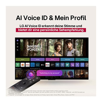 LG AI Magic Remote-Fernbedienung im Vordergrund. Der AI Button ist hervorgehoben. Im Hintergrund ist die LG webOS-Oberfläche zu sehen. Der Mauszeiger zeigt an, dass die Fernbedienung in Gebrauch ist. Der Text erklärt, wie die Funktionen und Bedienelemente der Fernbedienung das Navigieren in webOS erleichtern. 