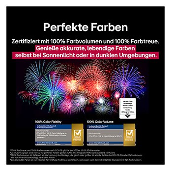 Bunter Papagei in ultrahoher Auflösung vor schwarzem Hintergrund. Rundherum schweben Wassertropfen in der Luft. Das Bild präsentiert Perfect Color, wobei jeder einzelne Farbton auf dem Körper des Papageis leuchtend und lebendig ist. Der dunkle Hintergrund mit den detaillierten Wasserspritzern unterstreicht außerdem, dass der Bildschirm reflexionsfrei ist. Verschiedene Logo-Zertifizierungen von UL und Intertek sind sichtbar. Diese beziehen sich auf seine 100%ige Farbtreue, sein 100%iges Farbvolumen und seine Reflexionsfreiheit. Auch Text ist sichtbar, „schau dir das Prüfzeichen für Perfect Color an“.