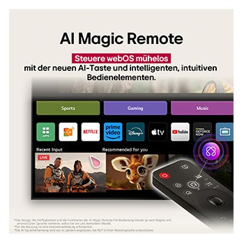 LG AI Magic Remote mit hervorgehobener KI-Schaltfläche. Rundherum befinden sich die verschiedenen Funktionen, auf die ein Benutzer über die Schaltfläche zugreifen kann. AI Voice ID, AI Search, AI Chatbot, AI Concierge, AI Picture Wizard, AI Sound Wizard. Der Text erklärt, dass die LG AI Magic Remote dein KI-Erlebnis mit einer speziellen KI-Schaltfläche vervollständigt und wie eine Maus in der Luft verwendet werden kann. Einfach zeigen und klicken.