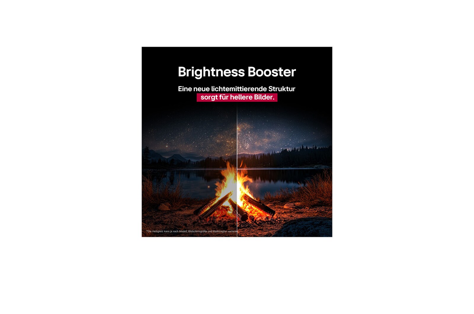 Campfire at night in the middle of nature. In the distance is a forest and lake. The evening sky is filled with stars. The whole scene is split in half. One side is darker and duller. The other half is remarkably brighter, showcasing the impressive brilliance from Brightness Booster. 