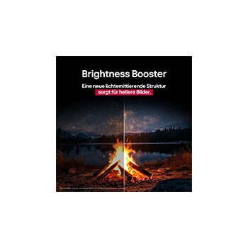 Campfire at night in the middle of nature. In the distance is a forest and lake. The evening sky is filled with stars. The whole scene is split in half. One side is darker and duller. The other half is remarkably brighter, showcasing the impressive brilliance from Brightness Booster. 