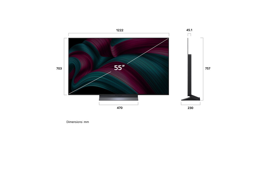 Front view and side view of LG OLED evo AI C5 4K Smart TV showing its length, width, height, and depth dimensions.