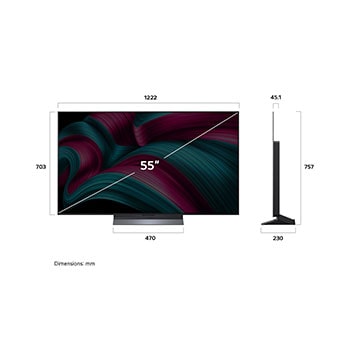 Front view and side view of LG OLED evo AI C5 4K Smart TV showing its length, width, height, and depth dimensions.