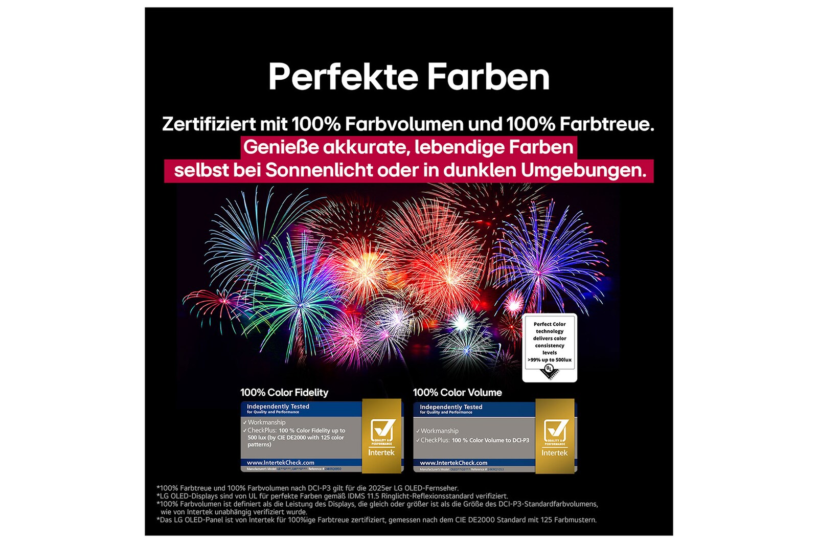Bunter Papagei in ultrahoher Auflösung vor schwarzem Hintergrund. Rundherum schweben Wassertropfen in der Luft. Das Bild präsentiert Perfect Color, wobei jeder einzelne Farbton auf dem Körper des Papageis leuchtend und lebendig ist. Der dunkle Hintergrund mit den detaillierten Wasserspritzern unterstreicht außerdem, dass der Bildschirm reflexionsfrei ist. Verschiedene Logo-Zertifizierungen von UL und Intertek sind sichtbar. Diese beziehen sich auf seine 100%ige Farbtreue, sein 100%iges Farbvolumen und seine Reflexionsfreiheit. Auch Text ist sichtbar, „schau dir das Prüfzeichen für Perfect Color an“.