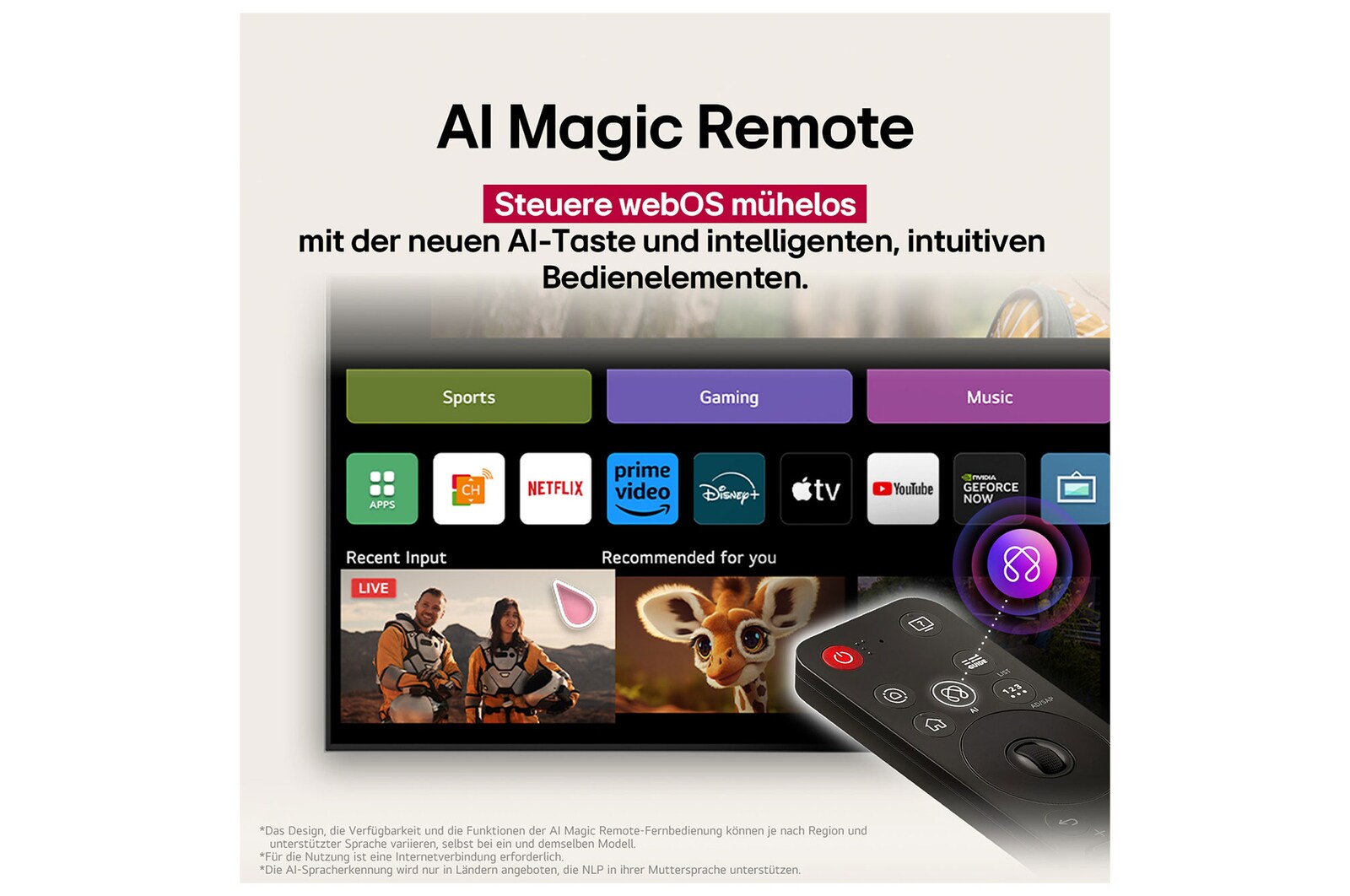 LG AI Magic Remote mit hervorgehobener KI-Schaltfläche. Rundherum befinden sich die verschiedenen Funktionen, auf die ein Benutzer über die Schaltfläche zugreifen kann. AI Voice ID, AI Search, AI Chatbot, AI Concierge, AI Picture Wizard, AI Sound Wizard. Der Text erklärt, dass die LG AI Magic Remote dein KI-Erlebnis mit einer speziellen KI-Schaltfläche vervollständigt und wie eine Maus in der Luft verwendet werden kann. Einfach zeigen und klicken.
