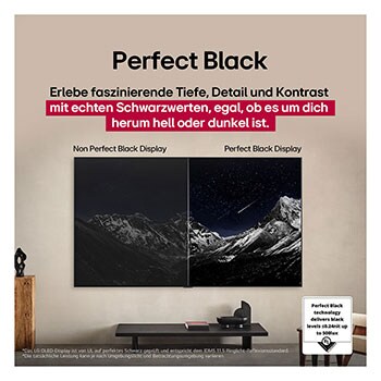 LG OLED TV showing a visual comparison between a display with Perfect Color and Perfect Black and one without. UL, TÜV, and eyesafe certifications are visible, with text prompting to check the marks.