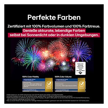 Bunter Papagei in ultrahoher Auflösung vor schwarzem Hintergrund. Rundherum schweben Wassertropfen in der Luft. Das Bild präsentiert Perfect Color, wobei jeder einzelne Farbton auf dem Körper des Papageis leuchtend und lebendig ist. Der dunkle Hintergrund mit den detaillierten Wasserspritzern unterstreicht außerdem, dass der Bildschirm reflexionsfrei ist. Verschiedene Logo-Zertifizierungen von UL und Intertek sind sichtbar. Diese beziehen sich auf seine 100%ige Farbtreue, sein 100%iges Farbvolumen und seine Reflexionsfreiheit. Auch Text ist sichtbar, „schau dir das Prüfzeichen für Perfect Color an“.