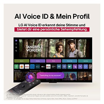LG TV-Bildschirm mit einer AI Magic Remote im Vordergrund. Die KI-Schaltfläche ist hervorgehoben und eine Sprechblase zeigt den Text „Schlage einen Film vor, der mir gefällt“. Auf dem Bildschirm sehen wir das Benutzersymbol E, das anzeigt, dass AI Voice ID in der Lage war, den Benutzer zu identifizieren und personalisierte Empfehlungen allein auf der Grundlage seiner Stimme zu geben. 