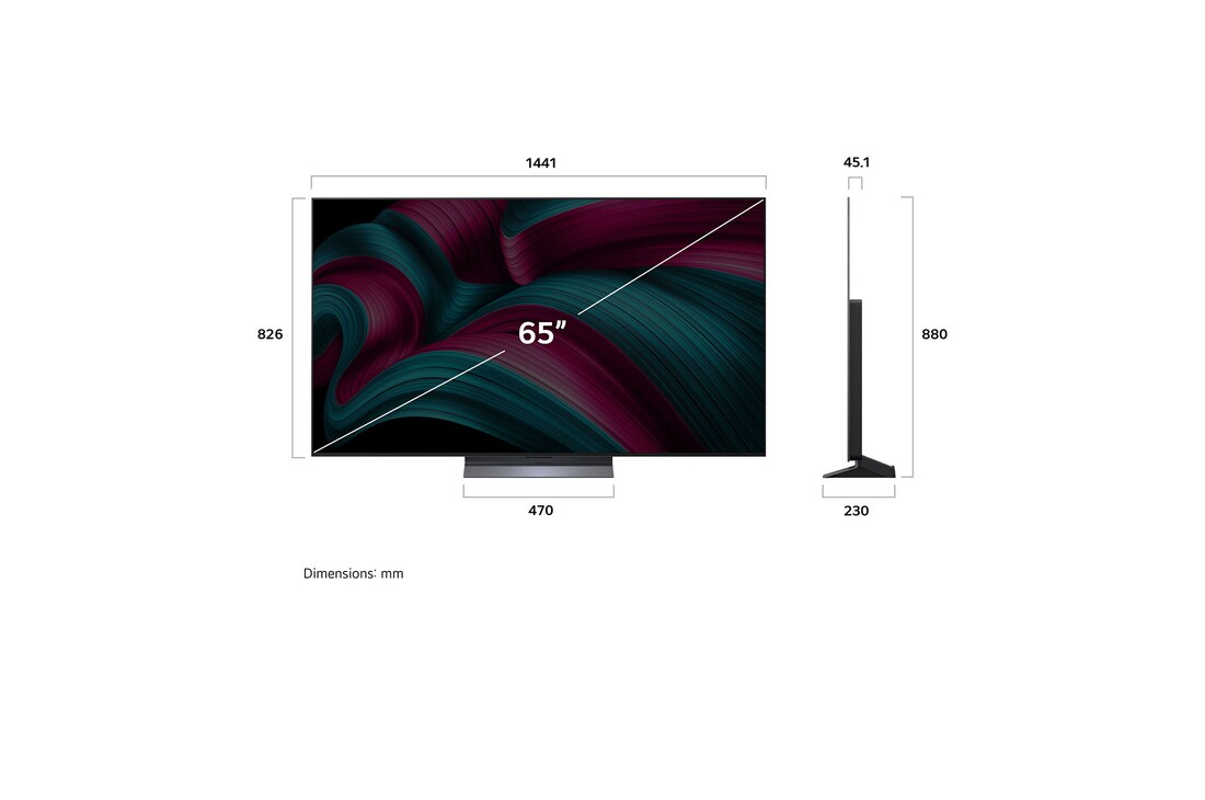 Front view and side view of LG OLED evo AI C5 4K Smart TV showing its length, width, height, and depth dimensions.