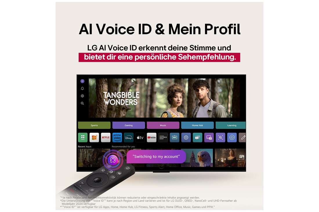 Auf dem Bildschirm eines LG OLED-Fernsehers befindet sich die webOS 25-Startseite, die mit Apps und Unterhaltungsinhalten gefüllt ist. Neben dem Fernseher befindet sich die LG AI Magic Remote-Fernbedienung. Der AI Button ist hervorgehoben, als ob sie durch die Stimme des Benutzers aktiviert wurde. Daneben befindet sich eine Sprechblase, die auf "Mein Profil" umschaltet. Der kurze Text erklärt, wie Nutzer nun ihre Stimme mit ihrem persönlichen Profil synchronisieren können, um eine einfachere Navigation und personalisierte Empfehlungen zu erhalten.