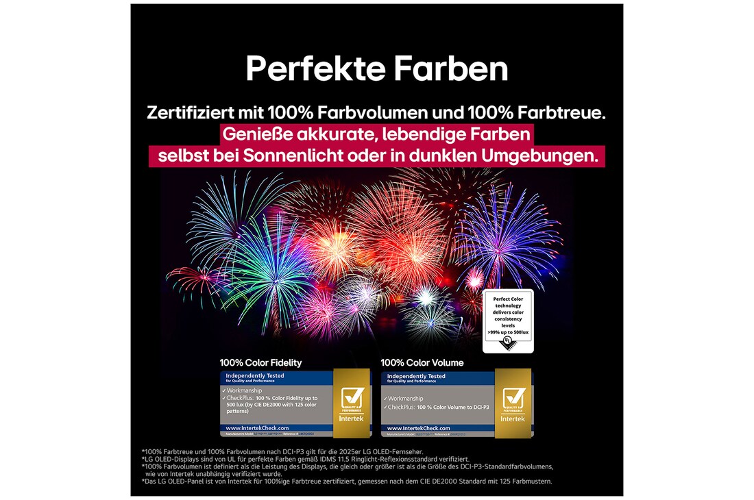 Ein Wohnzimmer mit einem an der Wand montierten LG OLED-Fernseher. Auf dem Fernseher ist eine Bergkette vor einem dunklen Abendhimmel voller Sterne zu sehen. Diese Szene ist in zwei Hälften geteilt. Die eine Seite zeigt eine trübe, graue Version der Landschaft mit der Bezeichnung Non Perfect Black Display. Auf der anderen Seite ist ein angenehmeres Bild mit einem größeren Dynamikbereich von Schwarz und Weiß zu sehen. Dies ist mit Perfect Black Display gekennzeichnet. Auch die Logo-Zertifizierung ist sichtbar: Perfect Black Technology liefert Schwarzwerte von 0,24 nit oder weniger bis zu 500 Lux.