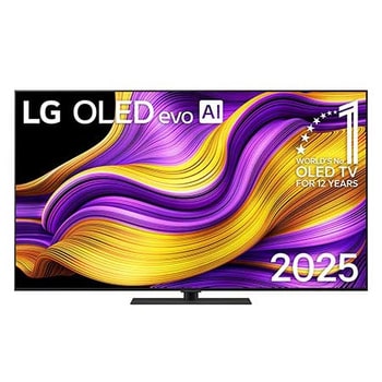 Frontansicht des LG OLED evo AI G5 4K Smart TV. Ein "12 Years of world number 1 OLED"-Emblem und das "LG OLED AI 2025"-Logo sind auf dem Bildschirm zu sehen.