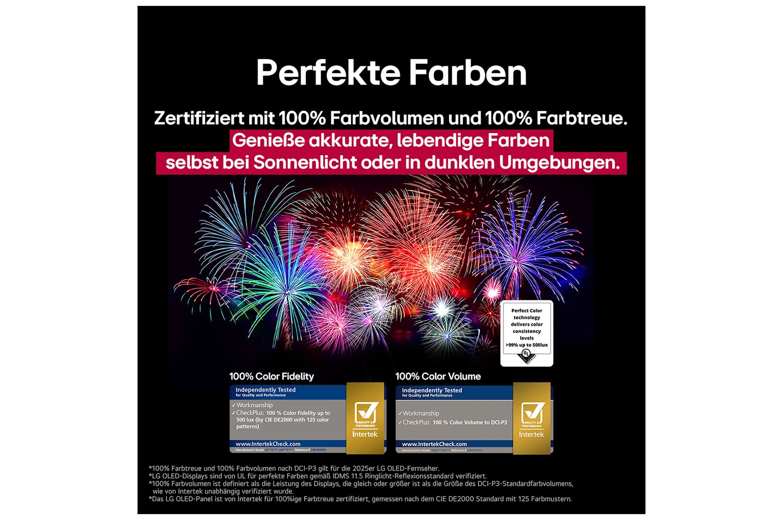 Bunter Papagei in ultrahoher Auflösung vor schwarzem Hintergrund. Rundherum schweben Wassertropfen in der Luft. Das Bild präsentiert Perfect Color, wobei jeder einzelne Farbton auf dem Körper des Papageis leuchtend und lebendig ist. Der dunkle Hintergrund mit den detaillierten Wasserspritzern unterstreicht außerdem, dass der Bildschirm reflexionsfrei ist. Verschiedene Logo-Zertifizierungen von UL und Intertek sind sichtbar. Diese beziehen sich auf seine 100%ige Farbtreue, sein 100%iges Farbvolumen und seine Reflexionsfreiheit. Auch Text ist sichtbar, „schau dir das Prüfzeichen für Perfect Color an“.