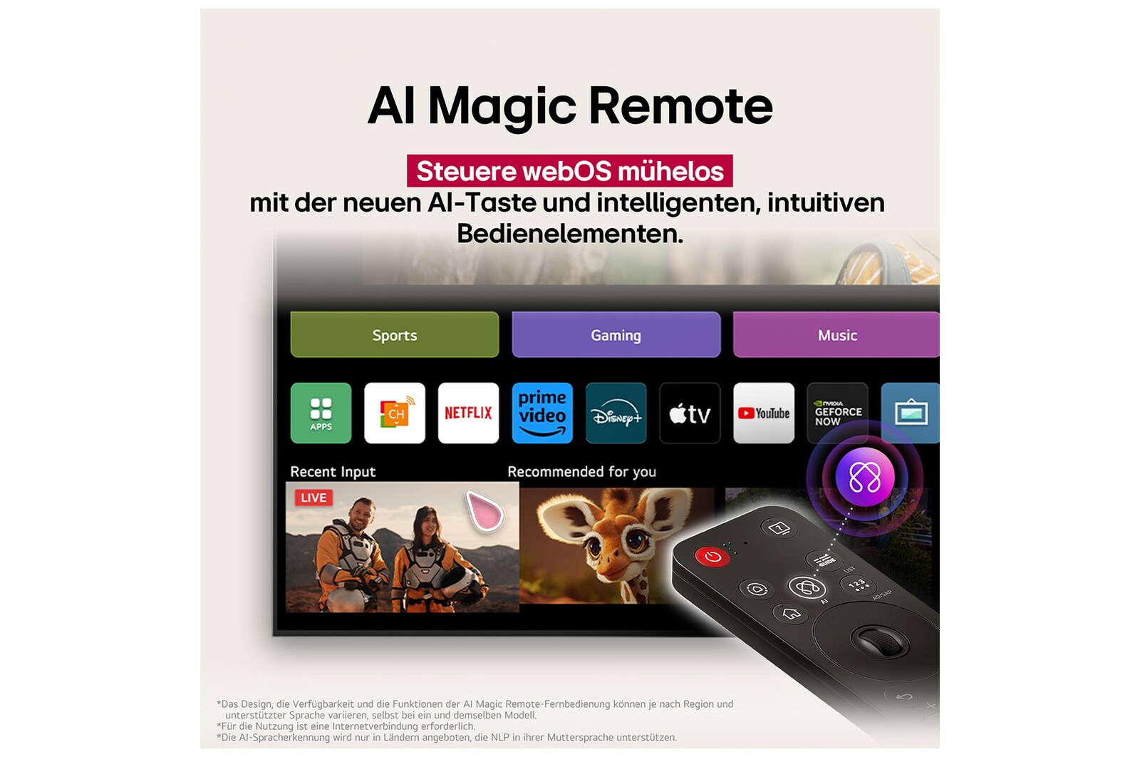 LG AI Magic Remote mit hervorgehobener KI-Schaltfläche. Rundherum befinden sich die verschiedenen Funktionen, auf die ein Benutzer über die Schaltfläche zugreifen kann. AI Voice ID, AI Search, AI Chatbot, AI Concierge, AI Picture Wizard, AI Sound Wizard. Der Text erklärt, dass die LG AI Magic Remote dein KI-Erlebnis mit einer speziellen KI-Schaltfläche vervollständigt und wie eine Maus in der Luft verwendet werden kann. Einfach zeigen und klicken.