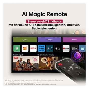 LG AI Magic Remote mit hervorgehobener KI-Schaltfläche. Rundherum befinden sich die verschiedenen Funktionen, auf die ein Benutzer über die Schaltfläche zugreifen kann. AI Voice ID, AI Search, AI Chatbot, AI Concierge, AI Picture Wizard, AI Sound Wizard. Der Text erklärt, dass die LG AI Magic Remote dein KI-Erlebnis mit einer speziellen KI-Schaltfläche vervollständigt und wie eine Maus in der Luft verwendet werden kann. Einfach zeigen und klicken.