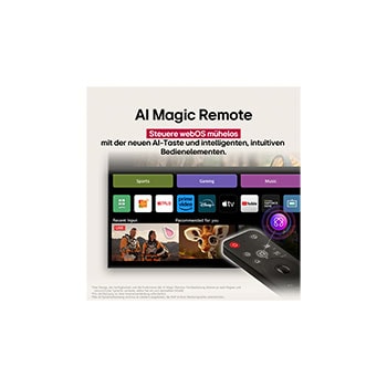 LG AI Magic Remote in the foreground. The AI button icon is highlighted. In the background is the LG webOS UI. The mouse cursor implies that the remote is in use. Text explains how the remote's functions and controls make navigating webOS easy. 