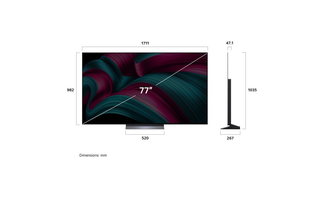 Front view and side view of LG OLED evo AI C5 4K Smart TV showing its length, width, height, and depth dimensions.