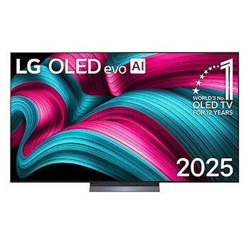 Frontansicht des LG OLED evo AI C5 4K Smart TV. Ein "12 Years of world number 1 OLED"-Emblem und das "LG OLED AI 2025"-Logo sind auf dem Bildschirm zu sehen.