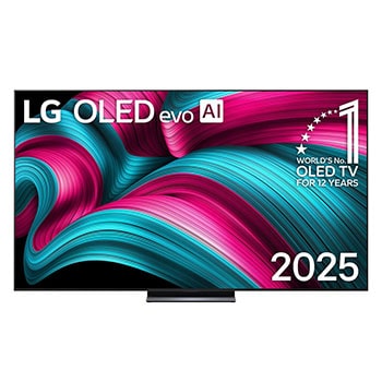 Frontansicht des LG OLED evo AI C5 4K Smart TV. Ein "12 Years of world number 1 OLED"-Emblem und das "LG OLED AI 2025"-Logo sind auf dem Bildschirm zu sehen.