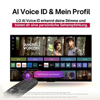 Auf dem Bildschirm eines LG OLED-Fernsehers befindet sich die webOS 25-Startseite, die mit Apps und Unterhaltungsinhalten gefüllt ist. Neben dem Fernseher befindet sich die LG AI Magic Remote-Fernbedienung. Der AI Button ist hervorgehoben, als ob sie durch die Stimme des Benutzers aktiviert wurde. Daneben befindet sich eine Sprechblase, die auf "Mein Profil" umschaltet. Der kurze Text erklärt, wie Nutzer nun ihre Stimme mit ihrem persönlichen Profil synchronisieren können, um eine einfachere Navigation und personalisierte Empfehlungen zu erhalten.