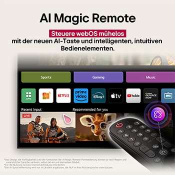 LG AI Magic Remote-Fernbedienung im Vordergrund. Der AI Button ist hervorgehoben. Im Hintergrund ist die LG webOS-Oberfläche zu sehen. Der Mauszeiger zeigt an, dass die Fernbedienung in Gebrauch ist. Der Text erklärt, wie die Funktionen und Bedienelemente der Fernbedienung das Navigieren in webOS erleichtern. 