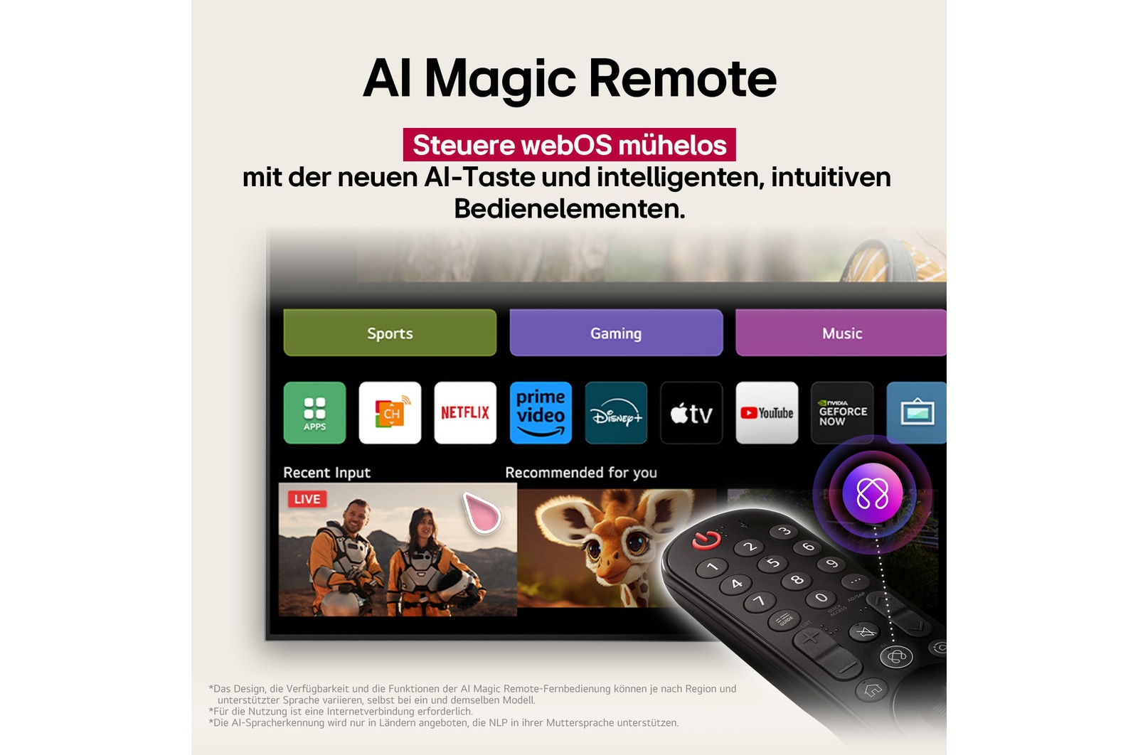 LG AI Magic Remote-Fernbedienung im Vordergrund. Der AI Button ist hervorgehoben. Im Hintergrund ist die LG webOS-Oberfläche zu sehen. Der Mauszeiger zeigt an, dass die Fernbedienung in Gebrauch ist. Der Text erklärt, wie die Funktionen und Bedienelemente der Fernbedienung das Navigieren in webOS erleichtern. 