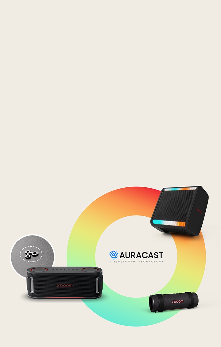 Auf einem regenbogenfarbenen Kreis sind xboom Stage 301, Grab und Bounce im Uhrzeigersinn angeordnet. Neben dem xboom Bounce ist das Bild seiner Auracast-Schaltfläche in einem Kreis platziert. 