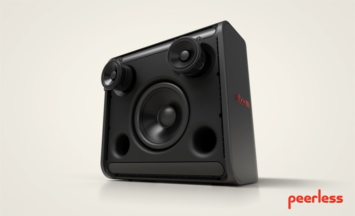 Se muestran las partes internas del xboom Stage 301. El woofer y los medios se mueven hacia adelante y vibran rítmicamente.