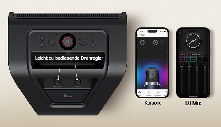 A la izquierda, vista superior del xboom Stage 301 con perillas y botones. A la derecha, dos teléfonos muestran la app xboom.