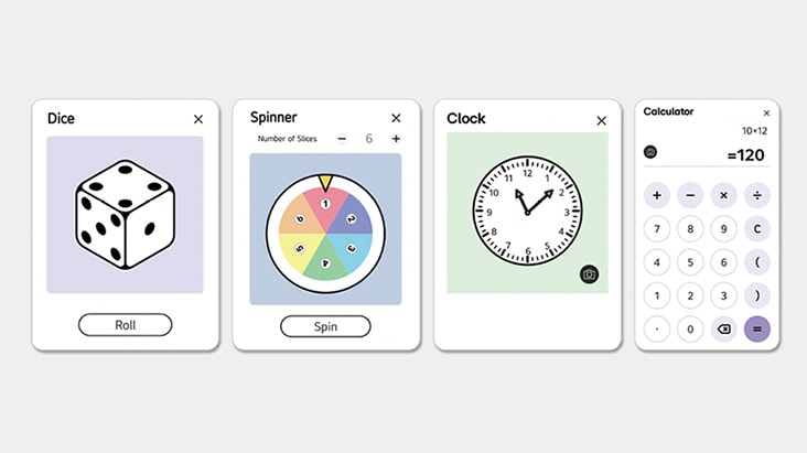 Ein Bild, das die Werkzeuge Würfel, Spinner, Uhr und Taschenrechner anzeigt.