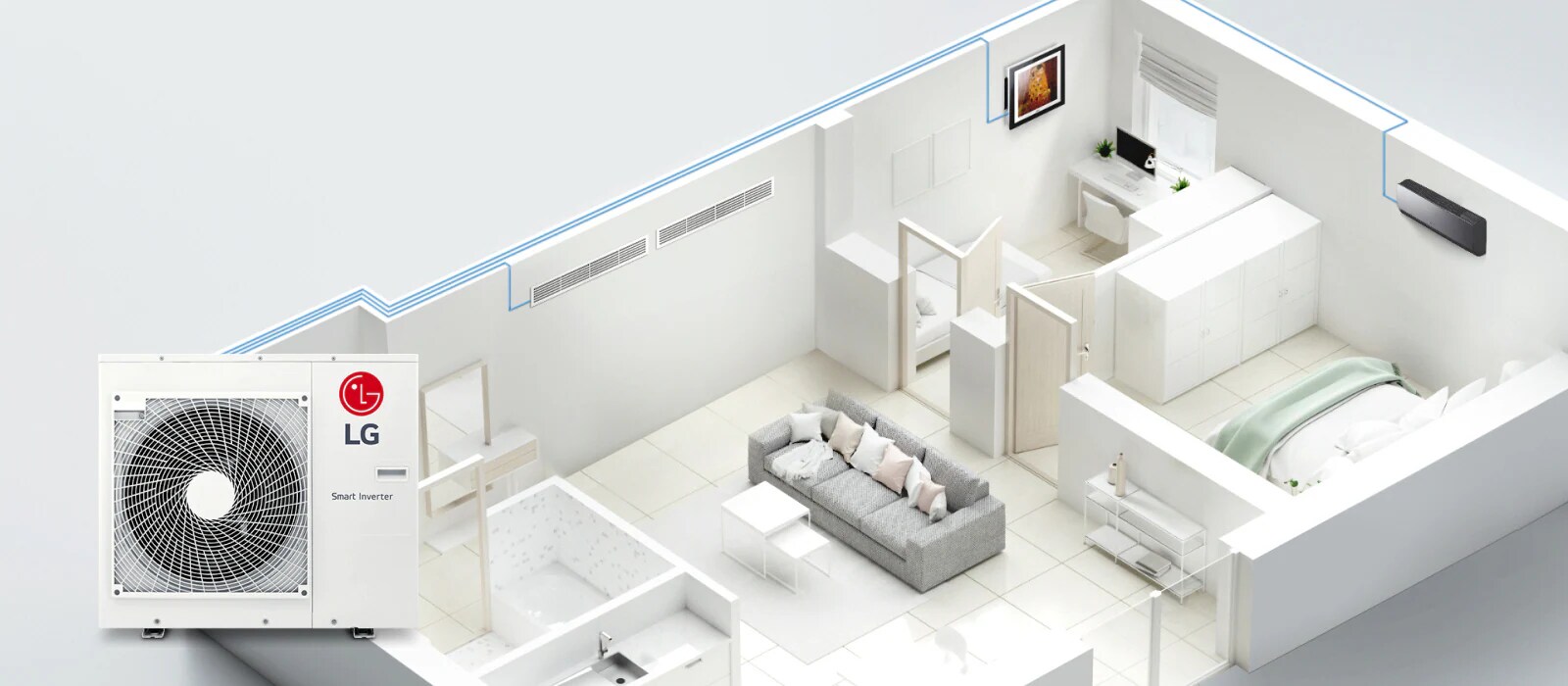 Ein Schnitt durch das Haus zeigt blaue Rohrleitungen von einem LG Smart Inverter, die sich durch das Haus schlängeln und drei Innengeräte in jedem Raum miteinander verbinden.
