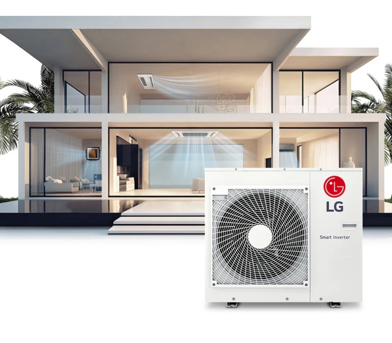 In einem zweistöckigen Haus sind vier LG Innengeräte durch große Glasfenster zu sehen, deren Luftstrom sichtbar ist, und ein LG Smart Inverter Gerät befindet sich im Außenbereich.
